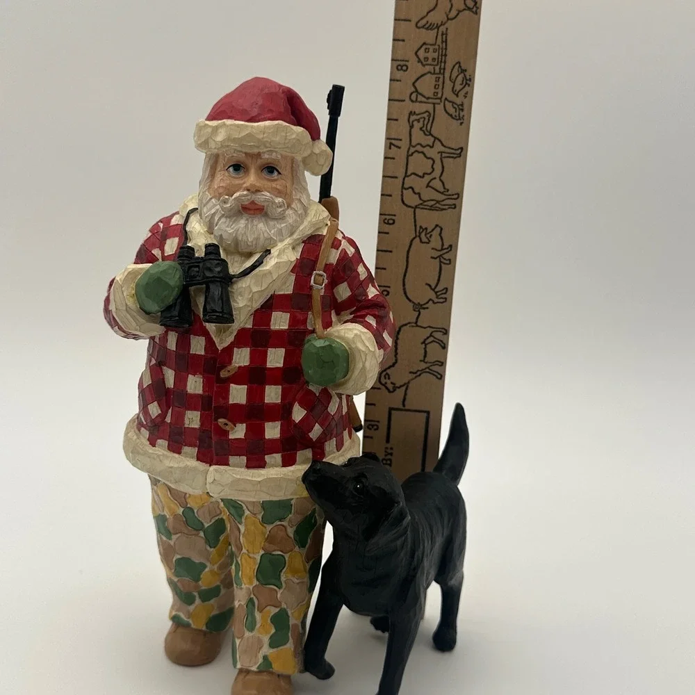 Hunting Santa with Black Dog Figure Red Plaid Camo Resin Figurine 8in